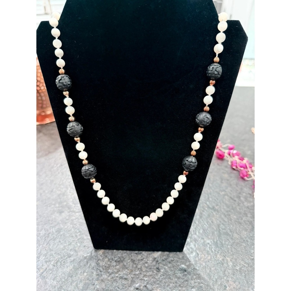 Handmade White & Black‎ Carved Bead Necklace Rose Gold Tone Boho Statement Long